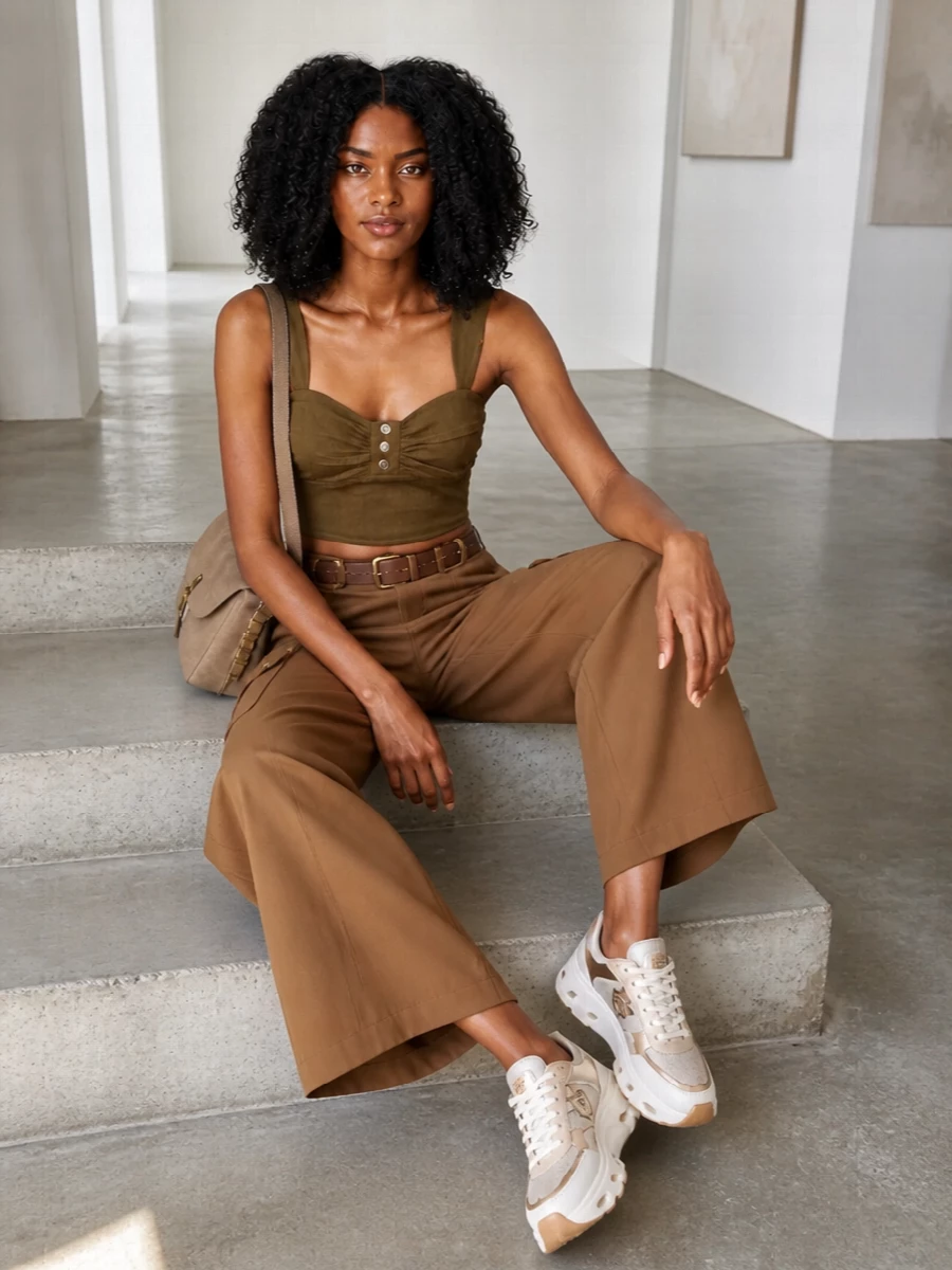 Warm cargo brown and olive stay close to the body up top, then release into a wide, cropped leg for a confident streetwear silhouette. Chunky cream sneakers and a taupe suede shoulder bag keep the palette soft and neutral, so the mix of hardware and utility pockets feels intentional rather than busy. The tan belt quietly anchors the high waist, sharpening the proportions for city days that run late.