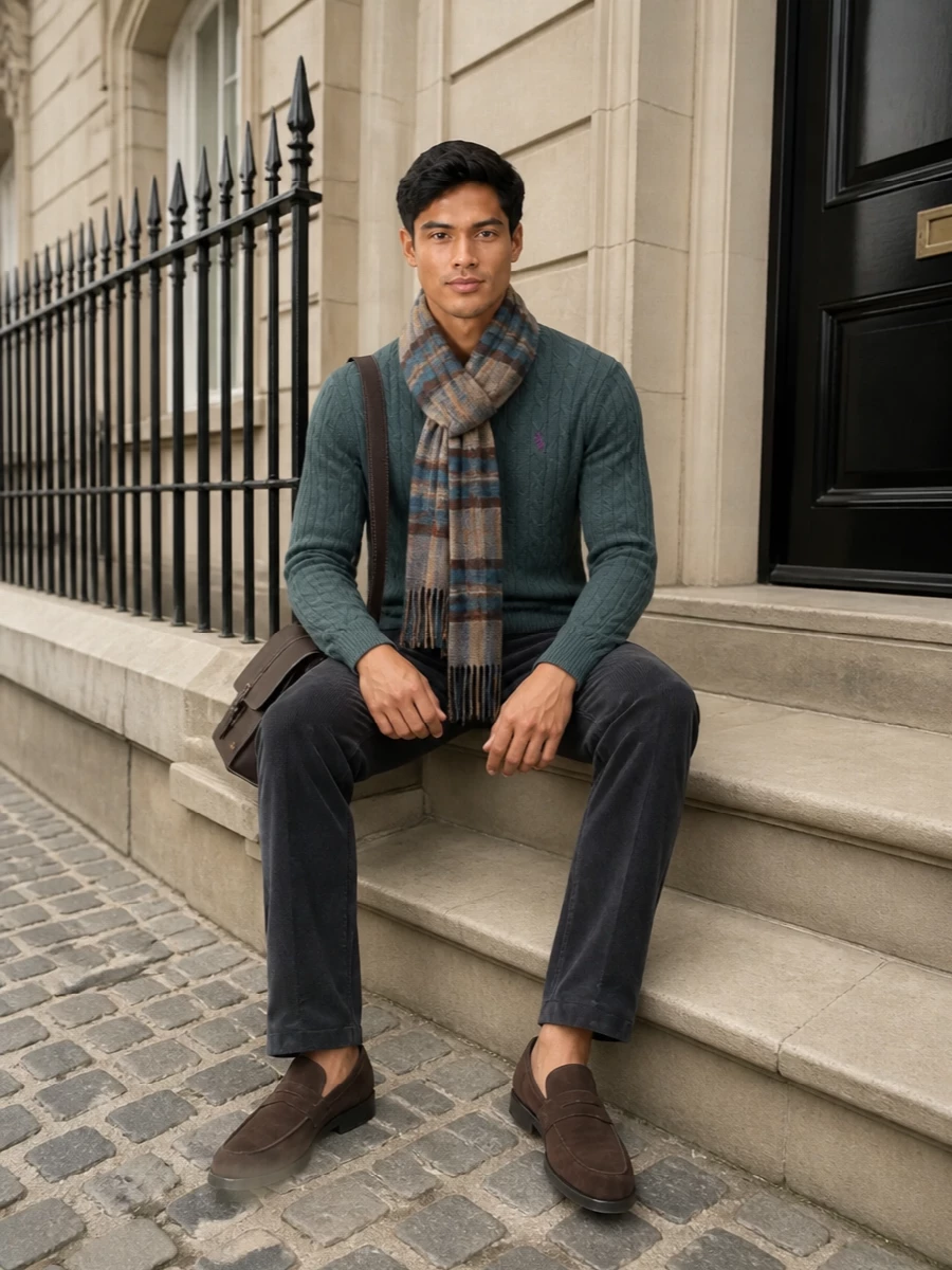 Slate green cable knit, charcoal corduroy and deep brown suede come together in a quietly polished, collegiate mix that feels grown up but still relaxed. The textures do the work here, from the ribbed knit through to the fine wale cords, with the leather messenger and tartan scarf giving just enough heritage detail to keep it interesting. It is an easy uniform for cool days when you want to look considered without feeling dressed up.