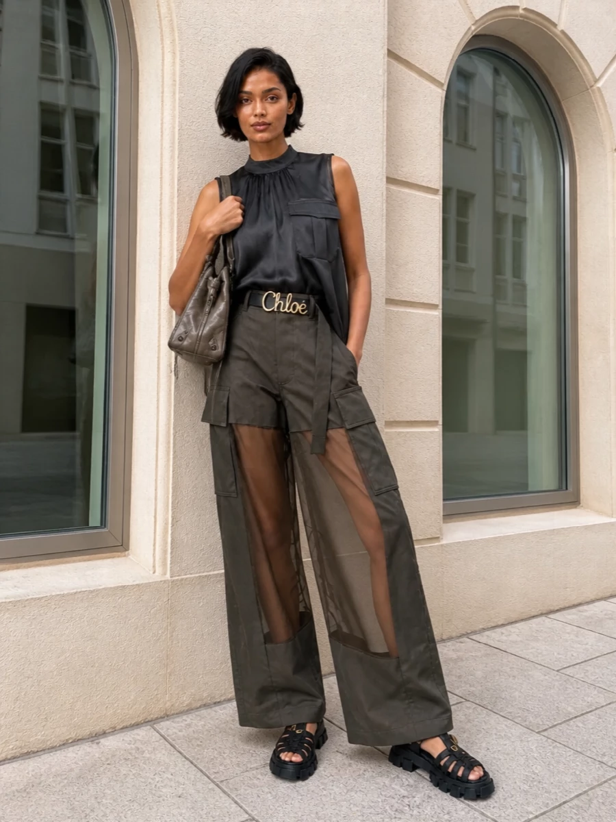 Sacai cargo pants sheer top prada sandals