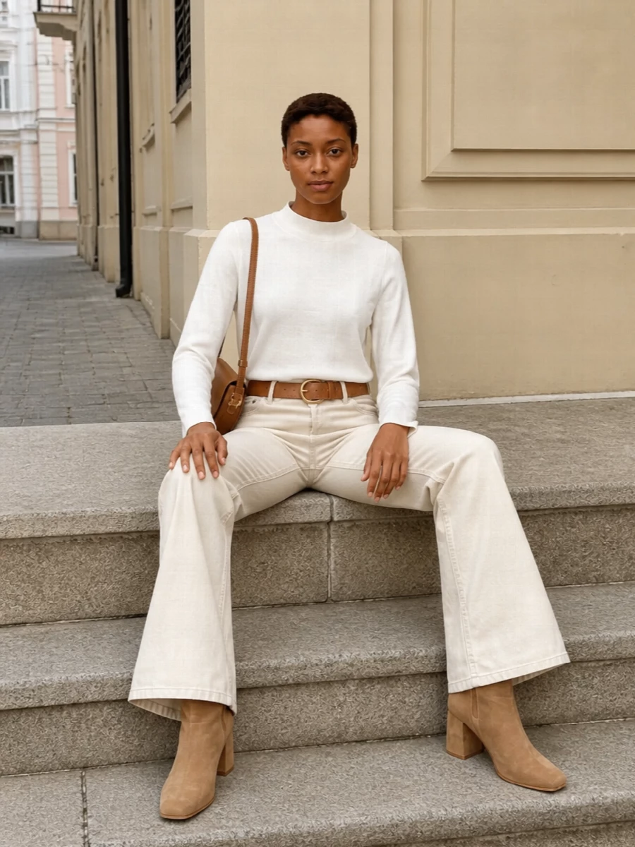 Haikure ecru flared jeans neutral knit tan accents
