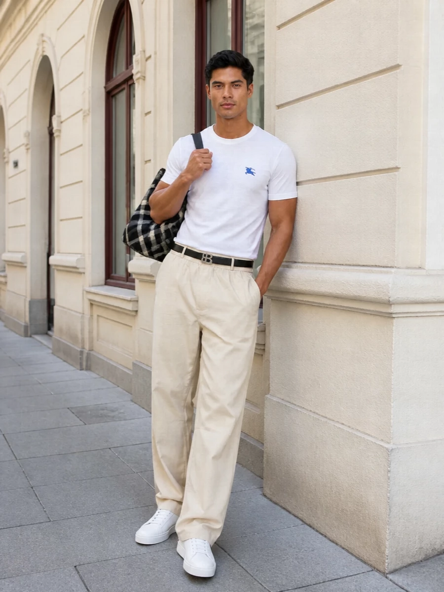 A crisp white Burberry tee with cobalt detailing sits over relaxed light-beige trousers for a fresh, quietly luxurious warm-weather uniform. Clean white low-tops keep the line streamlined, while a structured monochrome tote and slim TB belt add just enough structure and heritage without disturbing the ease.