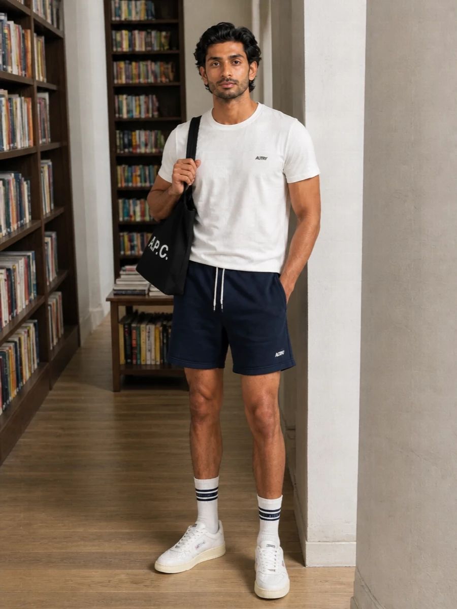 A clean white Autry tee with navy deck shorts sets up a sharp, sport-driven uniform that feels relaxed without ever looking sloppy. Off-white and navy court sneakers keep the lines cohesive from head to toe, while the black A.P.C. tote and striped socks add just enough graphic contrast to stay interesting but still minimal. It is an easy grab for city walks, coffee runs or low-key travel days when you want comfort with a clear point of view.