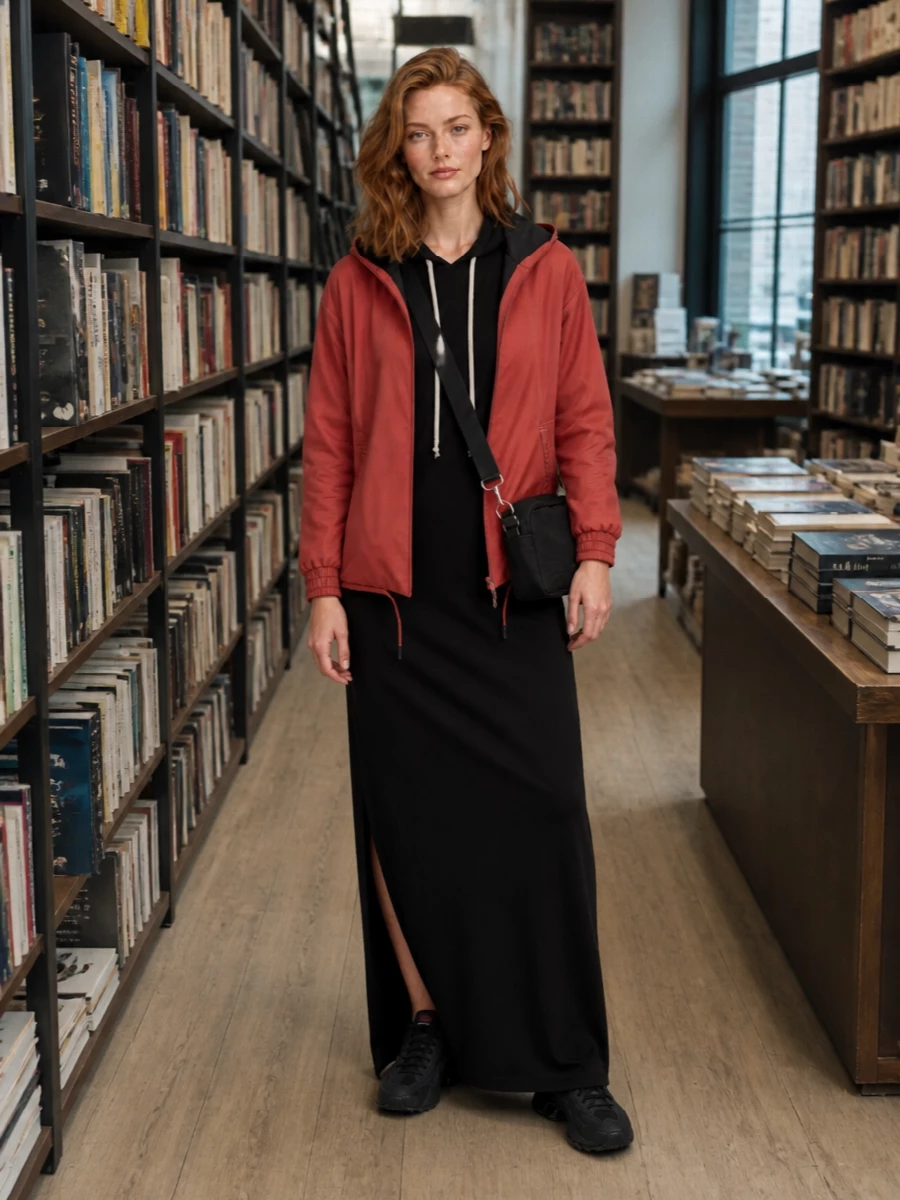 This is a sharp, urban take on rain-ready dressing, pairing the terracotta Rains shell with a black Rick Owens Drkshdw hooded column maxi for a directional hoodie-on-hoodie column. All-black technical runners and a compact Rains crossbody keep the palette grounded and practical, so the color hit comes from the jacket rather than busy accessories.