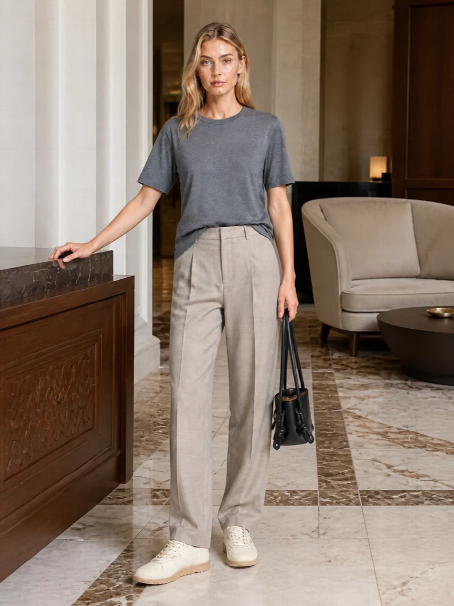 Frankie shop tee taupe trousers autry sneakers