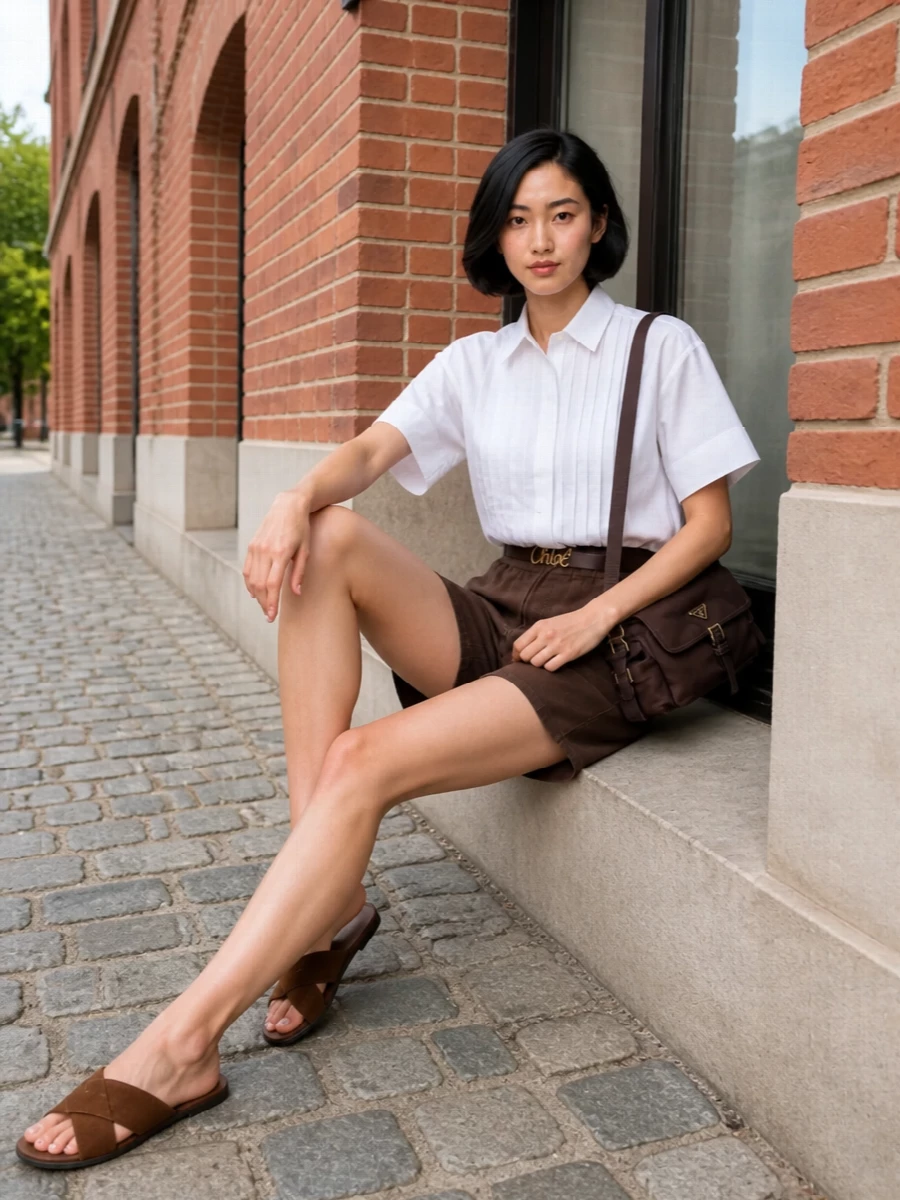 Parosh brown shorts white shirt prada bag