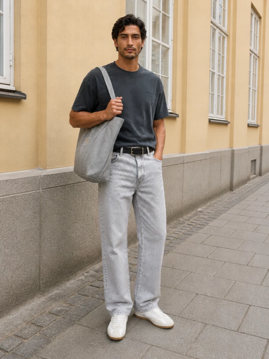 Washed charcoal up top and pale grey denim on the bottom create a relaxed, monochrome base that feels skate-led but grown. Off-white German trainers lighten the palette just enough, and the striped tote plus black belt keep the whole thing practical, minimal and city-ready without adding noise.