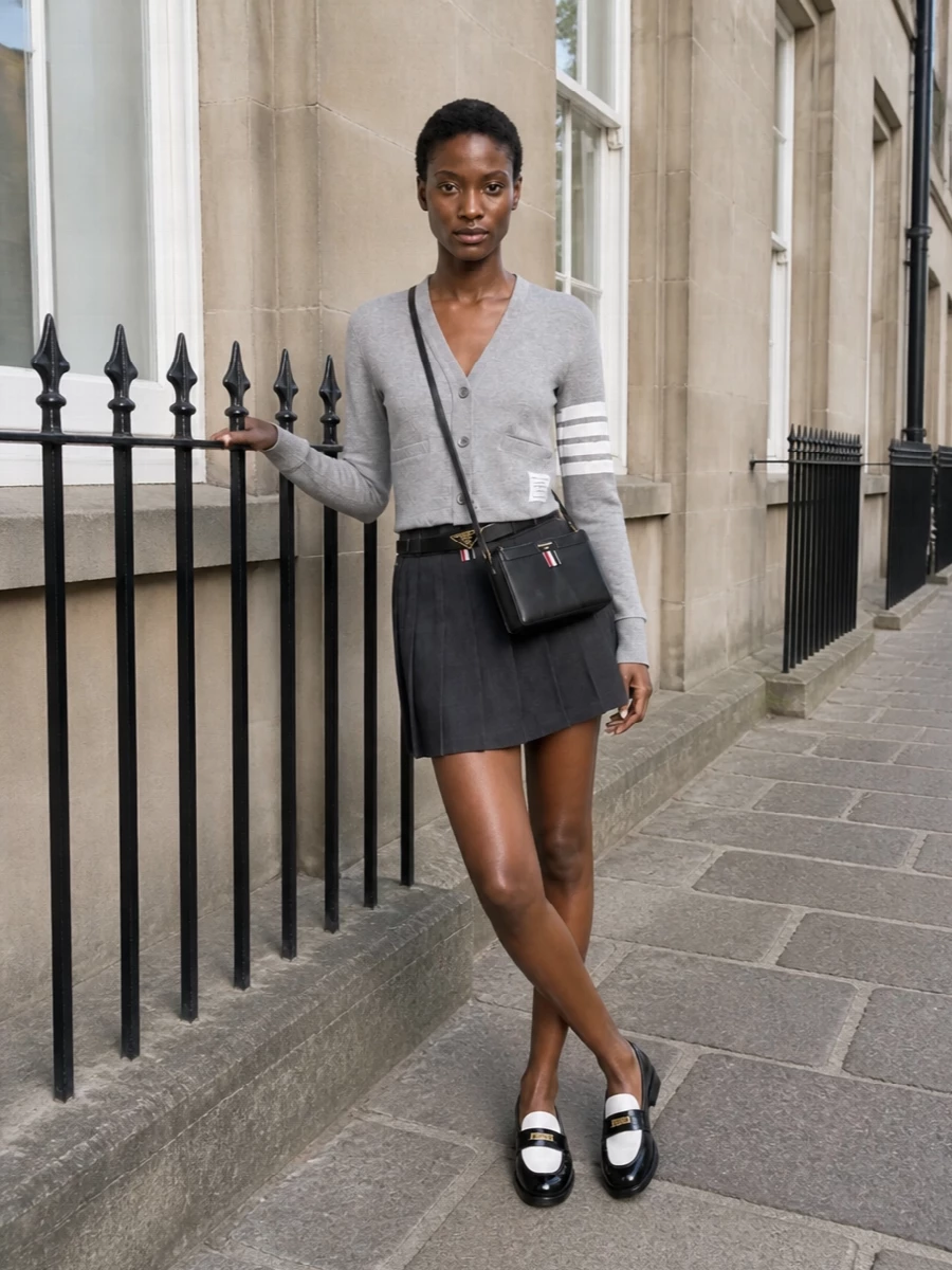 Thom browne cardigan pleated mini loafers outfit