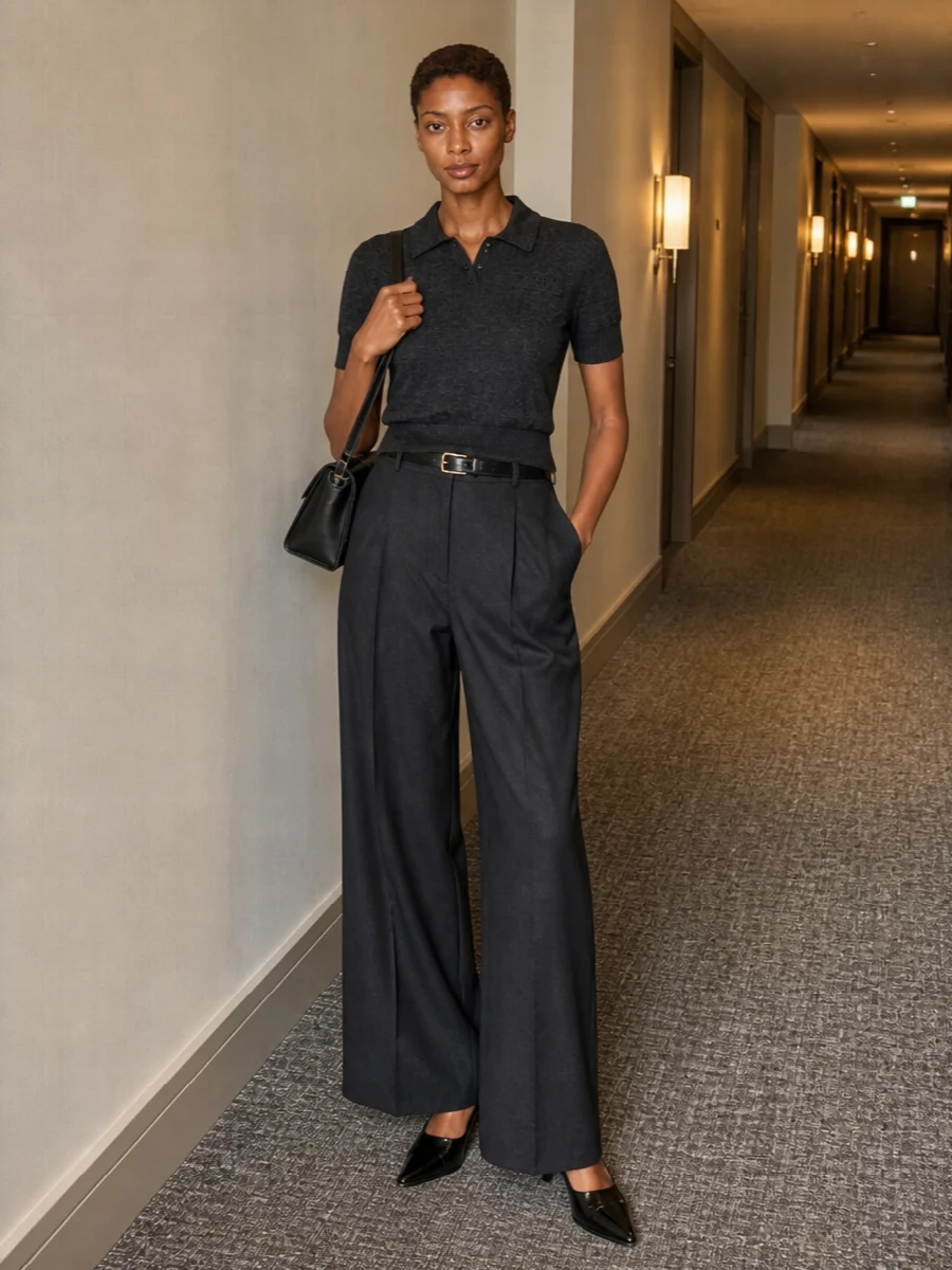 Givenchy charcoal knit polo wide leg trousers outfit