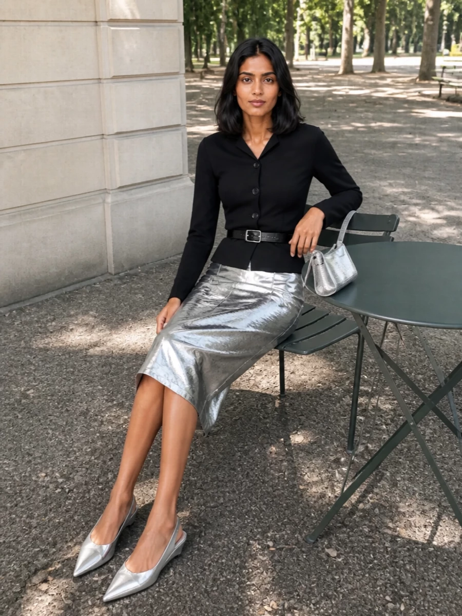 Black tailoring frames the crinkled silver pencil skirt so it feels intentional and architectural rather than loud. A defined waist, low silver heel and a slim metallic bag keep everything sharp and streamlined for a gallery dinner or late client drinks. The palette stays in black and silver, so the texture is the statement, not the color.