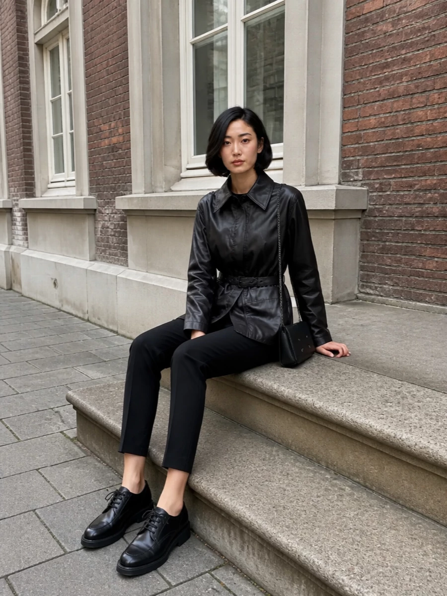 I am building around separates rather than a dress so the belted jacket can work as a true tailoring layer over a defined waist and sharp trouser line. The result is a quietly assertive monochrome column, where subtle volume at the top and a slim leg are anchored by grounded derbies and a precise black crossbody for city days that run into night.