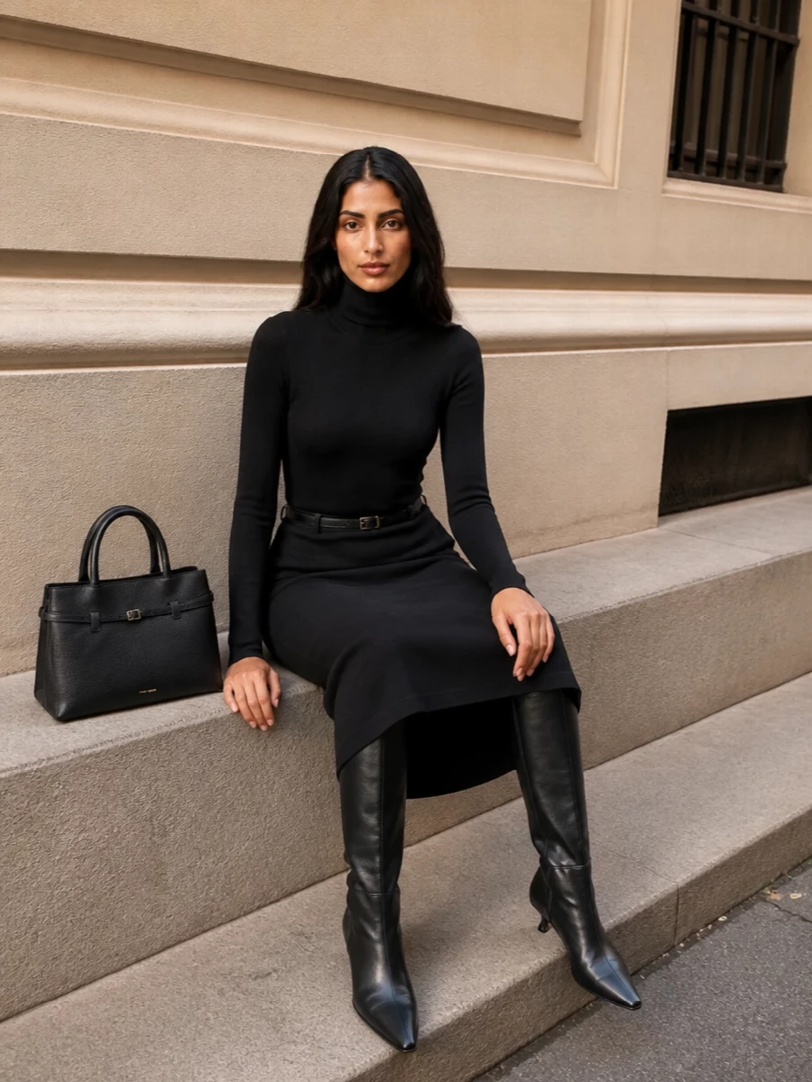 An inky column of turtleneck and pencil skirt creates a precise, elongated line that feels composed from morning meetings through late dinners. Sleek knee-high boots continue the vertical silhouette, while a structured black top-handle bag and a fine belt bring just enough definition and polish. The result is a quietly assured city uniform, crisp in profile and restrained in detail.