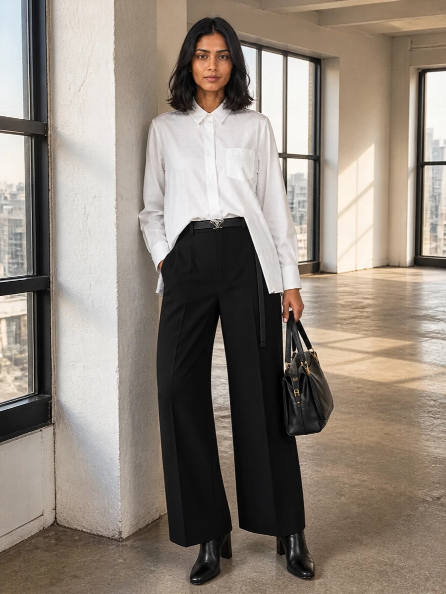 Sacai wide leg trousers white shirt heels