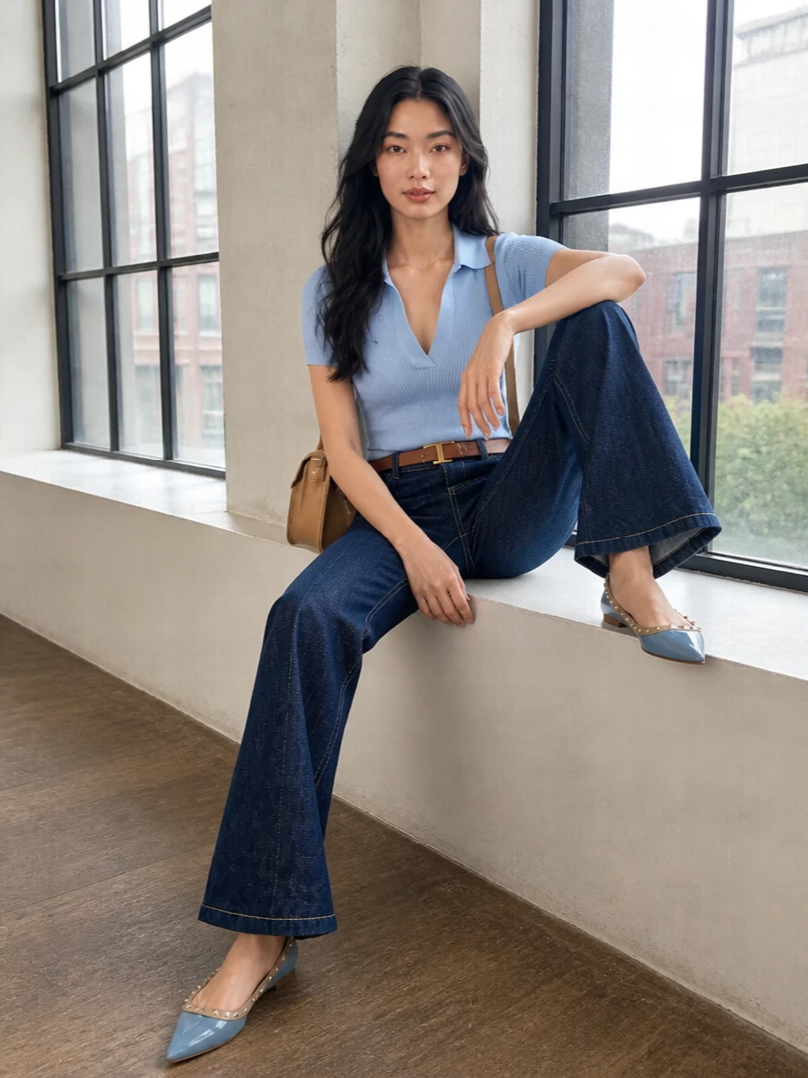 Patou flared jeans blue knit polo flats