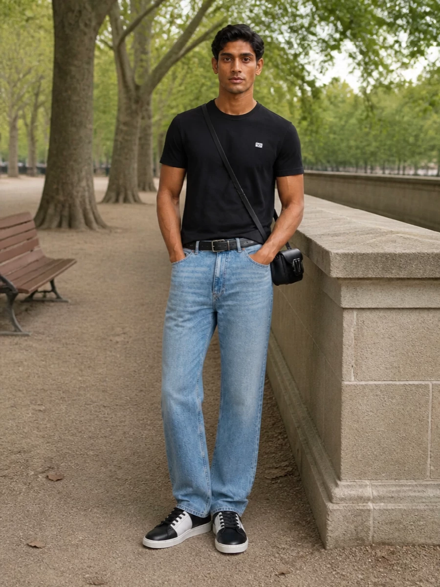 Valentino black tee light wash jeans sneakers