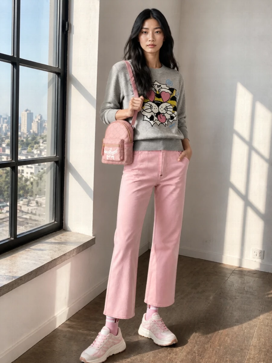 Kenzo grey tiger sweatshirt pink trousers outfit