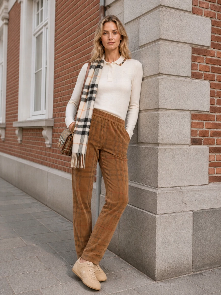 Burberry ivory polo camel corduroy trousers outfit