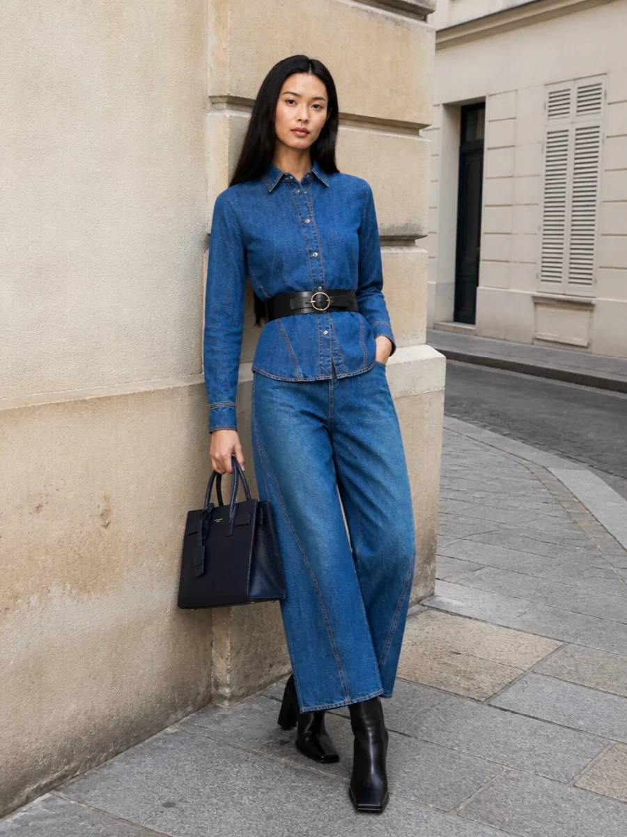 Alaia double denim outfit wide leg jeans