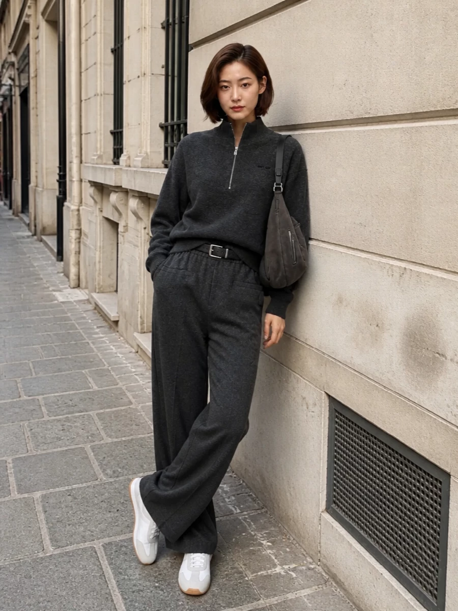 Miu miu charcoal athleisure wide leg pants outfit