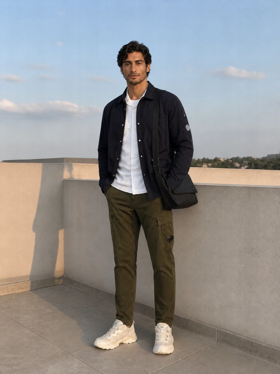 Cp company navy overshirt cargo pants outfit