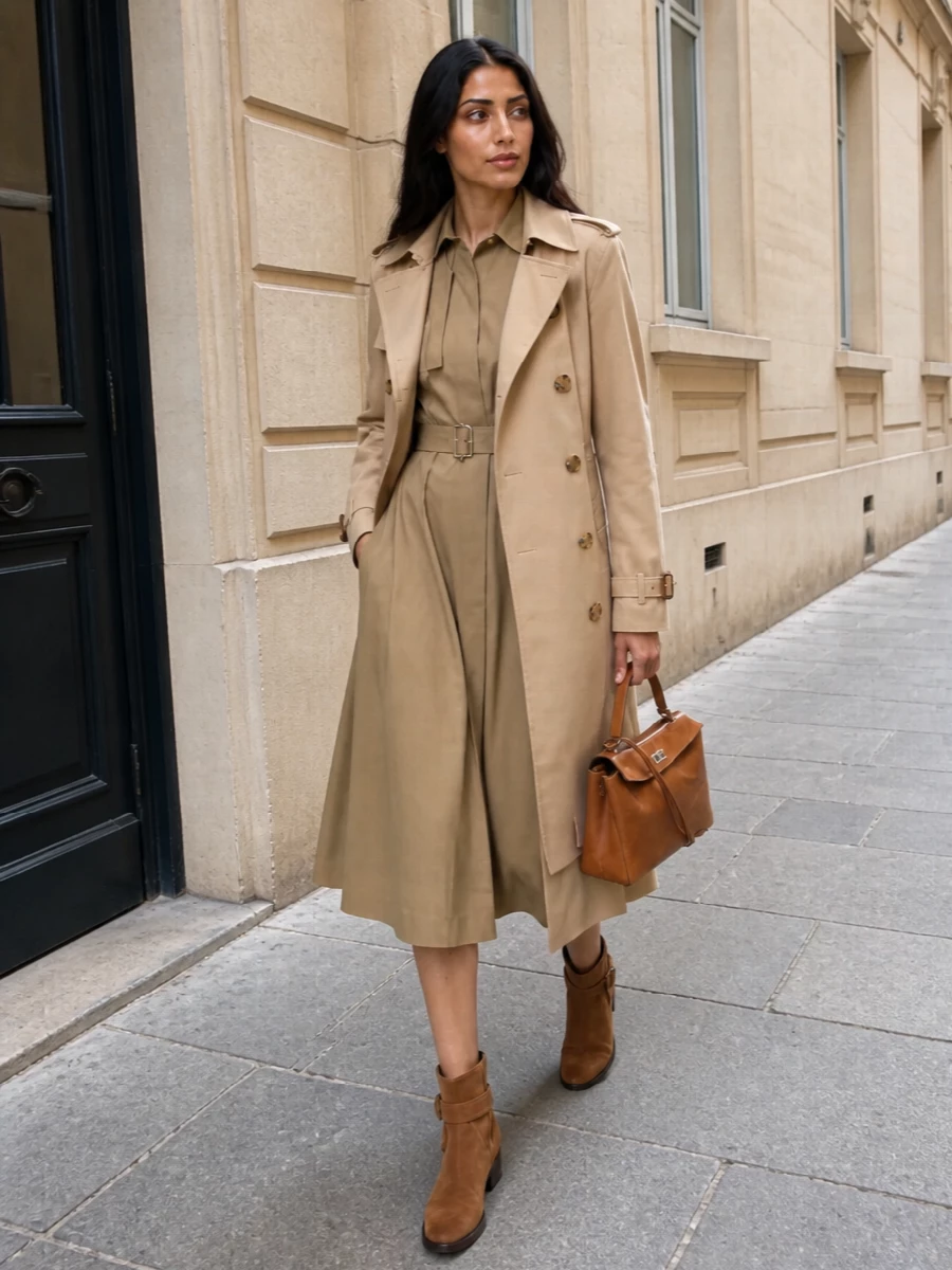 This look builds a refined trench-on-trench story: the camel Burberry midi dress carries all the house’s heritage codes and slips seamlessly under the classic beige coat for a tonal, elongated silhouette. Camel suede ankle boots and a structured tan top‑handle bag reinforce the quiet-luxury mood, keeping the outfit polished, city-ready and impeccably coordinated for SS. The result is a modern uniform that feels both iconic and understated, ideal from office to dinner or travel days in style.