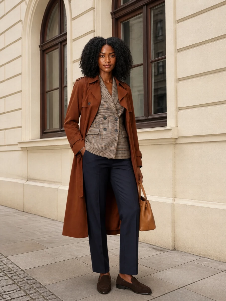 This is modern city tailoring built around the rich Saint Laurent trench, with a preppy Max Mara check blazer and ink-navy trousers creating a long, disciplined line underneath. Chocolate suede loafers and a caramel Tod’s top-handle keep the palette warm and quietly luxurious, perfect for days that move from serious meetings to dinner without a change of outfit. I chose the top-and-trouser route over a dress so the trench can read as part of a considered suiting story rather than an afterthought over a statement midi.