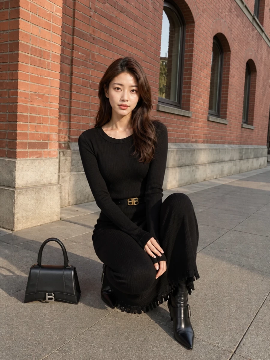 Balenciaga black maxi dress pointed ankle boots