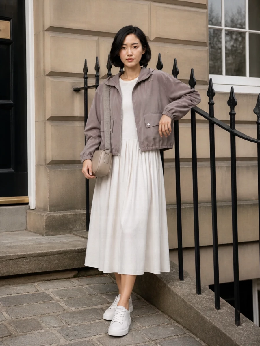 Emporio armani parka ivory midi dress outfit
