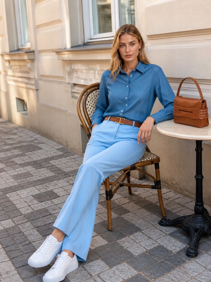 Soft chambray blue against powdery denim gives this outfit a calm, tailored ease that still feels relaxed enough for every day. The clean court sneaker keeps the lines modern and unfussy, while tan leather accents at the waist and shoulder bring just enough warmth to ground all that blue. It is an unfussy way to wear color that still reads considered and quietly polished.