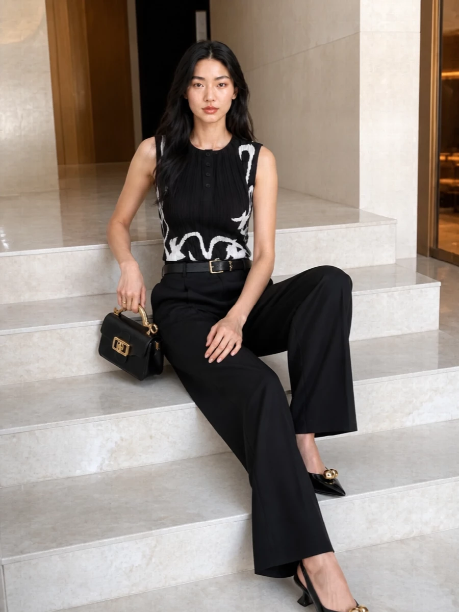 Lanvin black white pleated top wide leg trousers