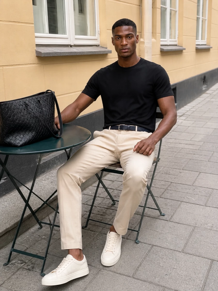 Kiton black tee beige trouser cream sneakers