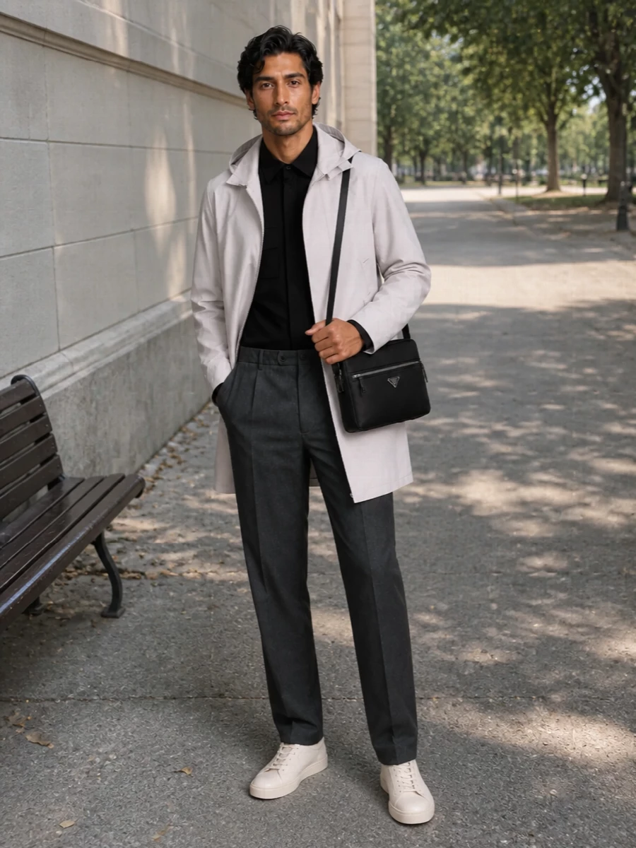 Herno raincoat with tods sneakers prada bag