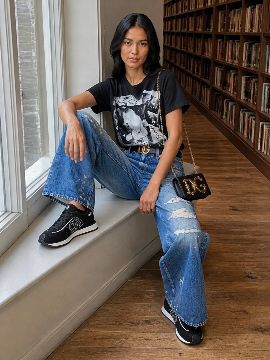 Dolce&Gabbana’s graphic tee pairs with high‑rise, double‑waistband wide‑leg denim for a grungy, stage‑door take on y2k streetwear. Black and white runners keep the palette tight and the attitude easy, while a logo‑rich mini shoulder bag and matching belt bring just the right hit of designer gloss to an otherwise undone silhouette. It feels like late‑night gigs and city weekends, pulled together without losing the raw edge of the print.