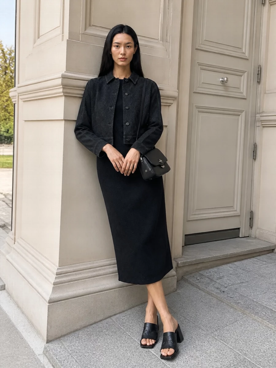 I’m building this around the dress route so the Max Mara jacket can behave as a sharp, cropped layer over a clean column rather than competing with separate tailoring. The black sheath, sculpted mules and compact cross-body stay in the same minimalist, quiet-luxury language as the jacket, giving you a charcoal-to-black tonal story that reads polished from meetings to dinner. The silhouette is simple and long, with the cropped jacket and small bag keeping the proportions light rather than severe.