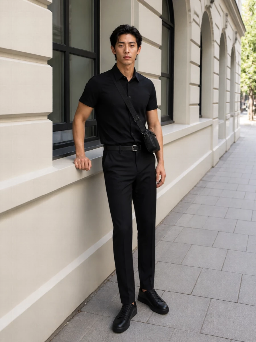 Emporio armani black shirt tailored trousers outfit