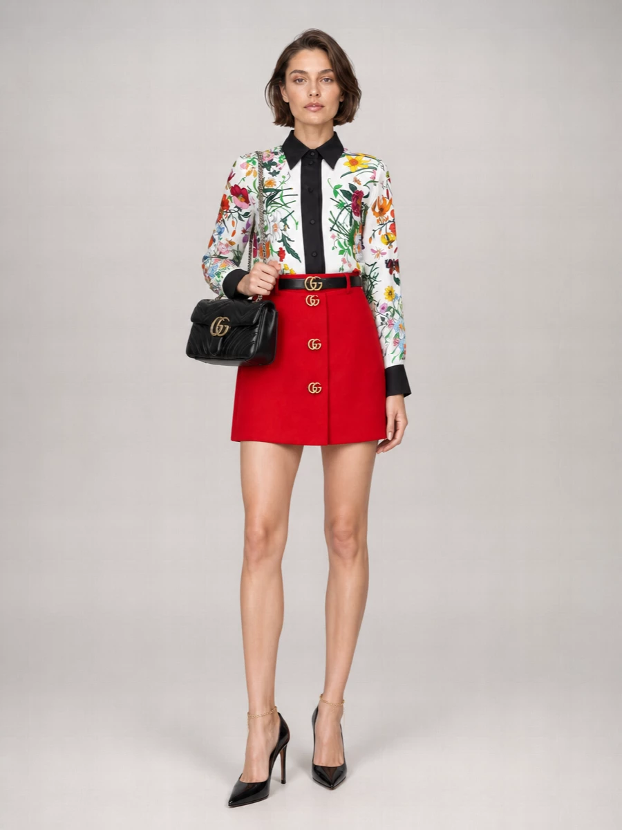 Gucci’s red GG-button mini becomes the focal point against a crisp ivory floral shirt framed in black, giving you that sharp, preppy-romantic contrast. Black patent heels and a chevron-stitched shoulder bag pull the palette back to city-night sleek, while a slim black belt echoes the gold hardware and cinches everything into a clean, sculpted silhouette. It is a confident party-ready ensemble that reads polished from dinner to late cocktails.