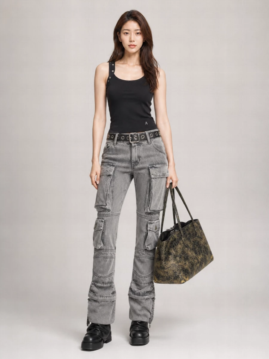 The Attico Denim Low-Rise Straight-Leg Cargo Jeans