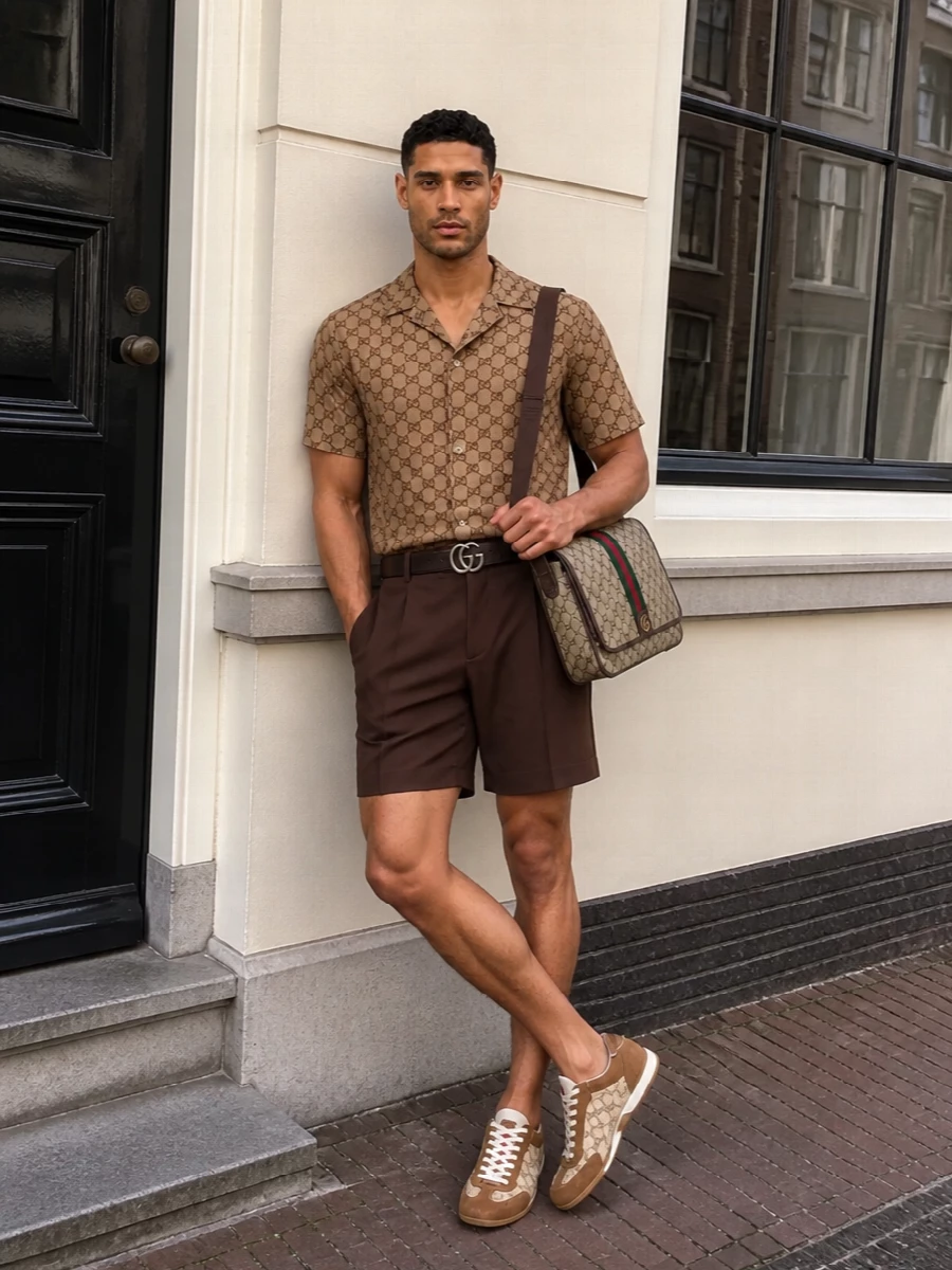 Gucci monogram camp shirt brown tailored shorts