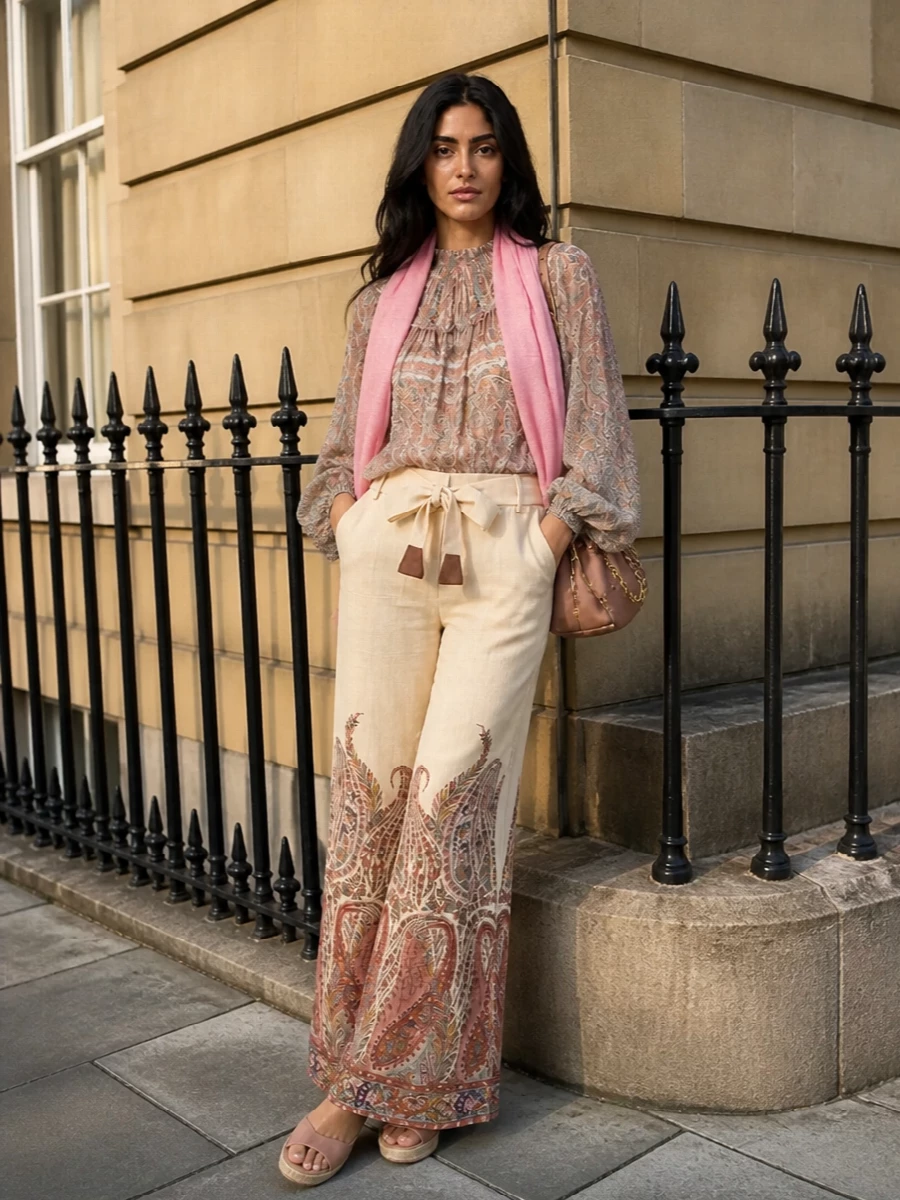Zimmermann paisley blouse flared trousers outfit