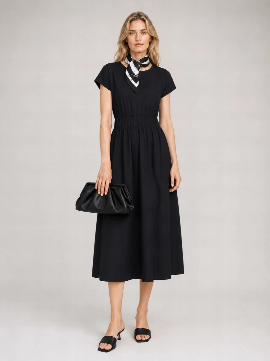 Studio Nicholson Cotton Ruched Waist Paneled Boat Neck Short Sleeve Midi Dress