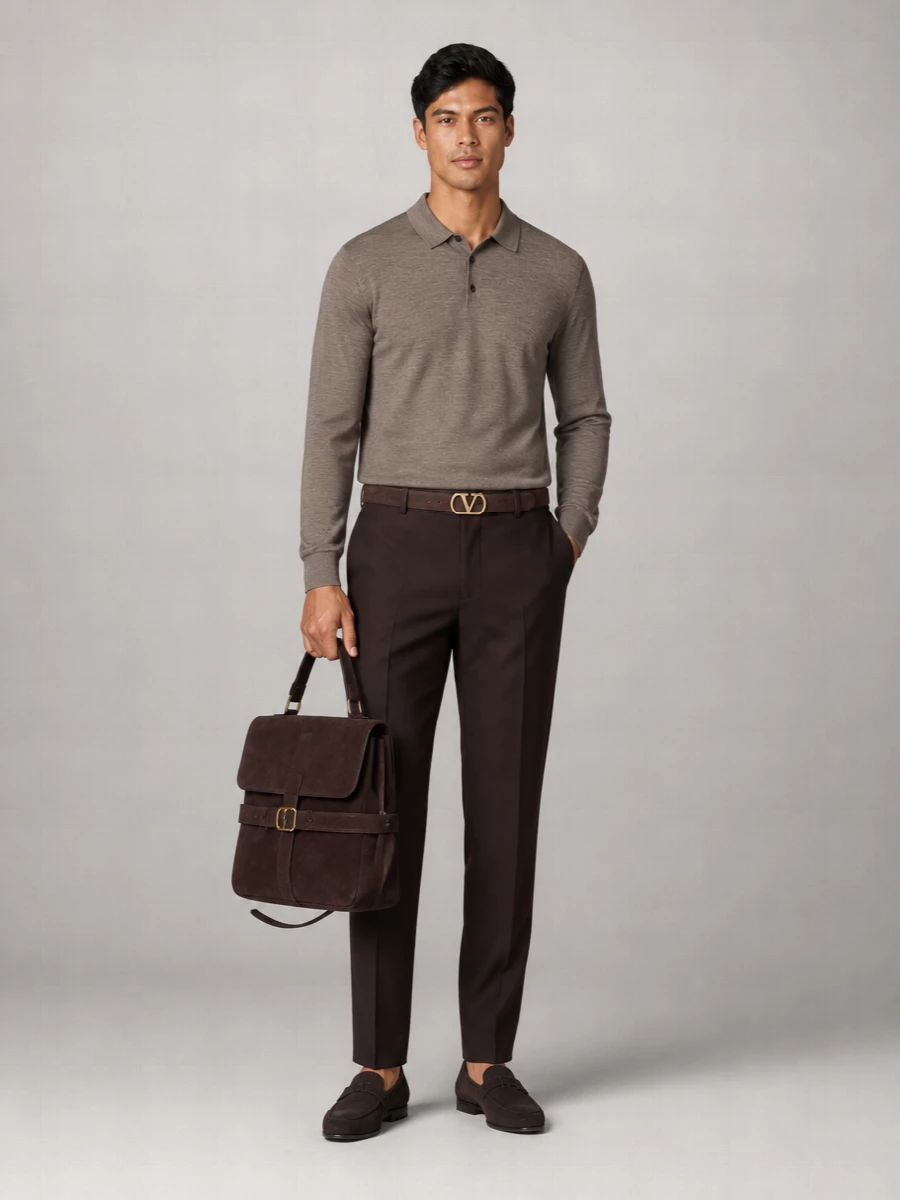 A study in warm neutrals, this outfit links taupe through espresso in suede and wool for a quietly coherent finish. The knit polo and tailored trouser keep the line clean, while tonal suede accessories deepen the texture without breaking the minimalist mood. It is refined enough for dinner in the city yet relaxed enough for a long afternoon in a cashmere coat and dark sunglasses.