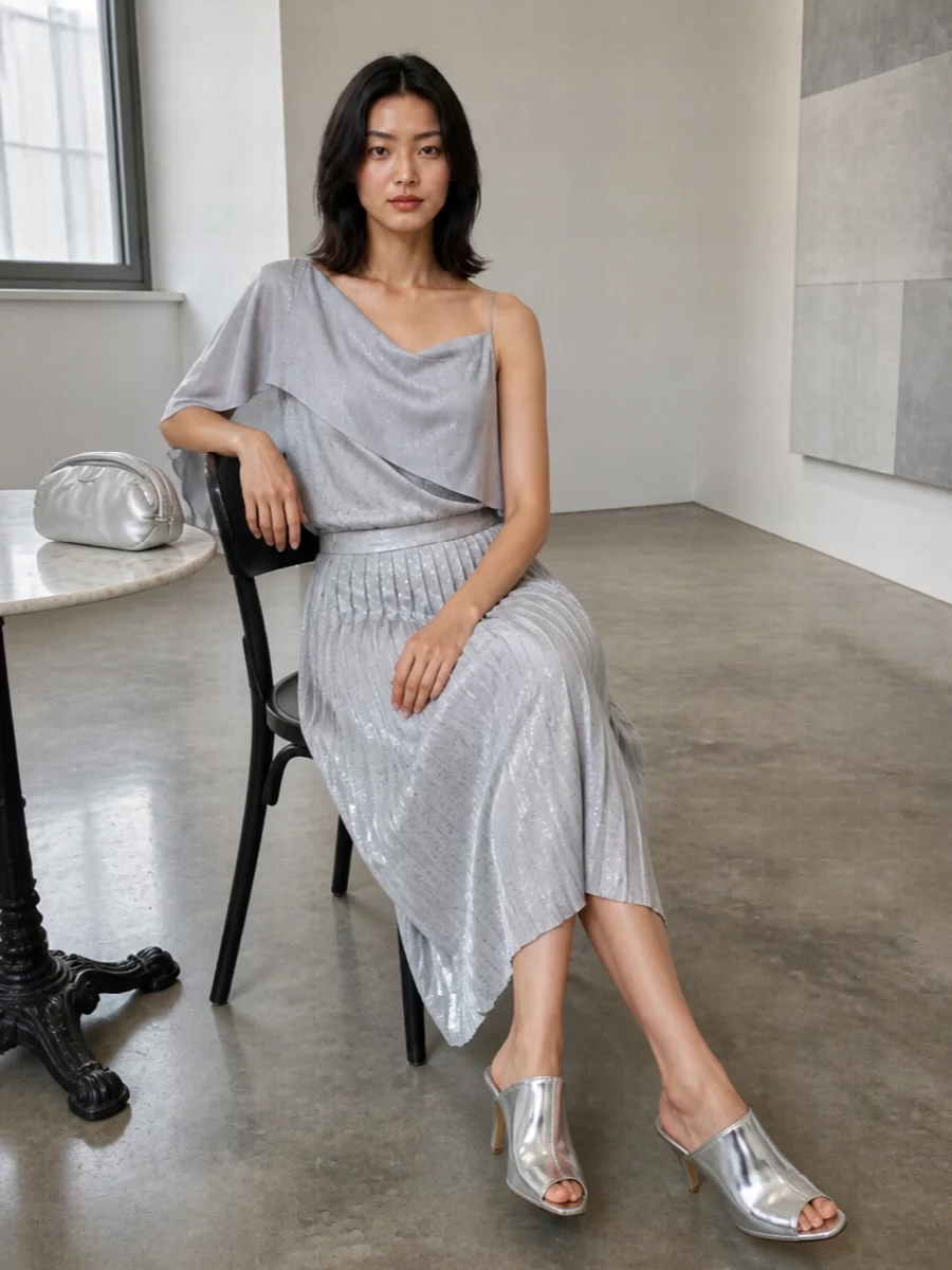 Mm6 margiela silver satin top pleated midi outfit