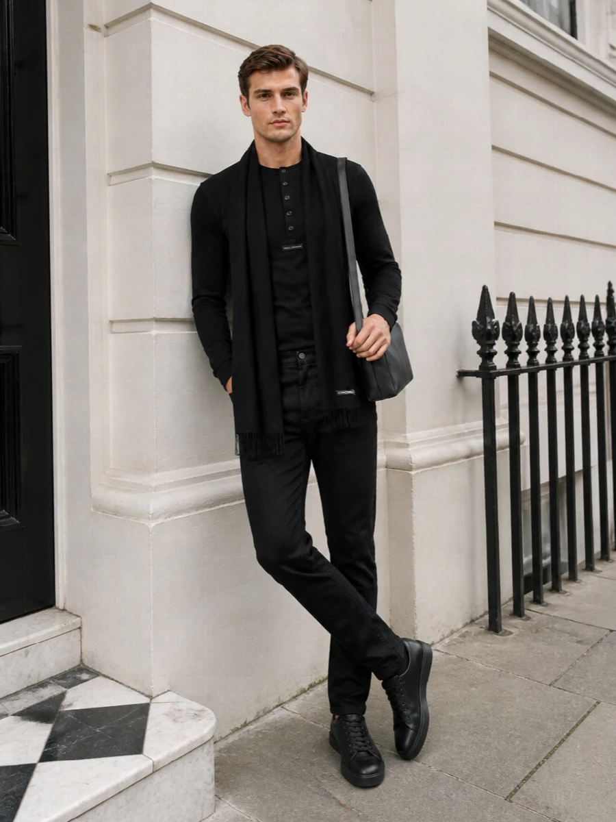 All in black, this pairing stays taut and precise: a slim ribbed henley against clean black five-pocket trousers for a column of quiet structure. The all-black court sneakers and sleek shoulder bag keep the mood polished but relaxed, while the dark scarf adds just enough winter texture without disturbing the minimal line. It is a discreet city uniform that reads considered from daytime meetings to late dinners.