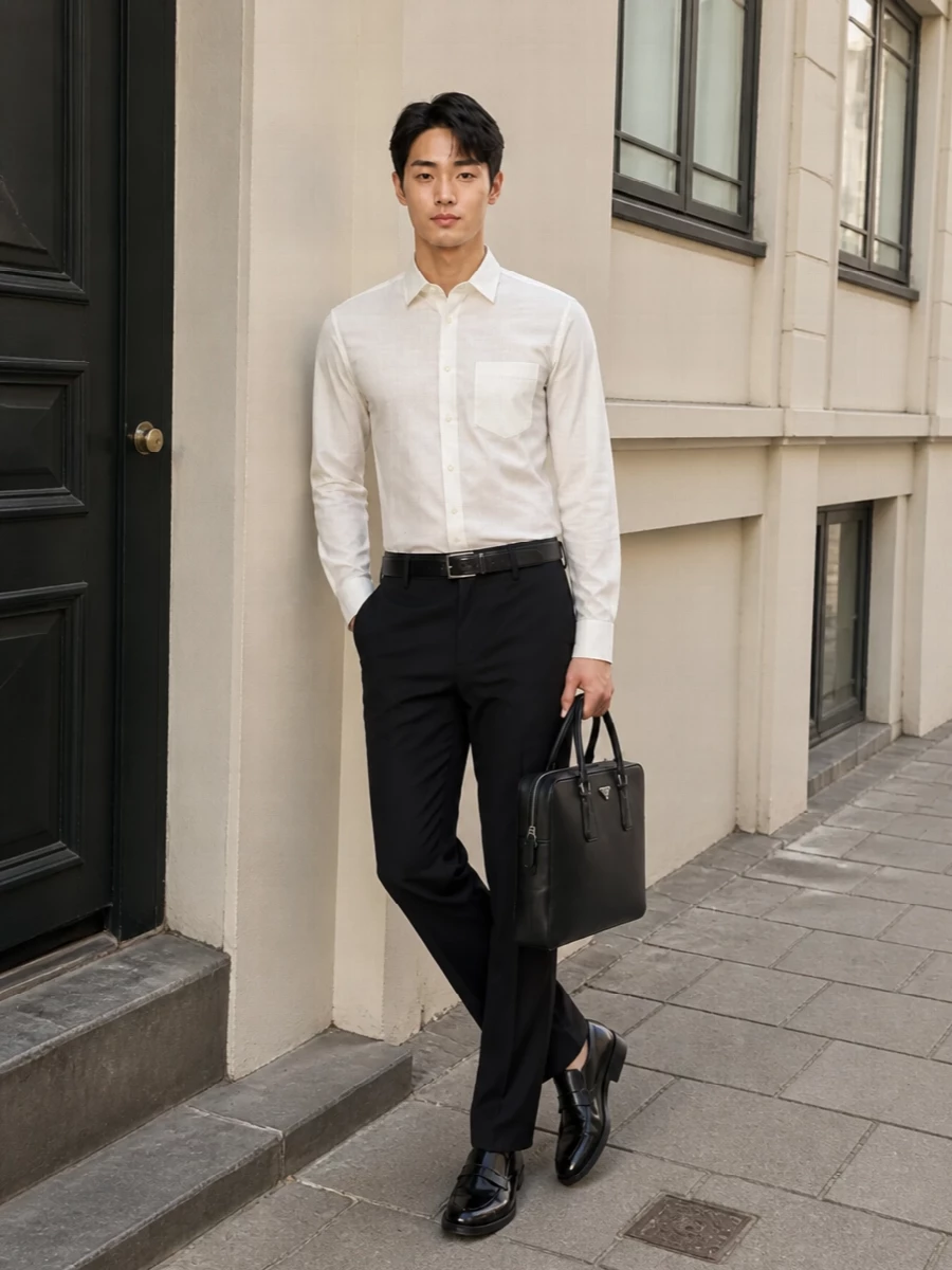Prada black trouser off white shirt loafers