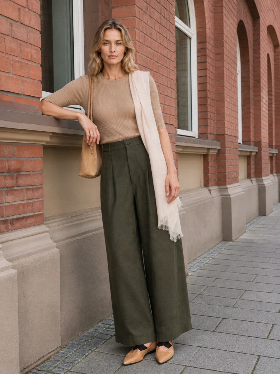 A sun-faded camel ribbed tee meets a high-waisted olive wide leg for a long, quiet column that feels relaxed yet intentional. Pointed camel flats keep the proportions sharp but unfussy, while a suede shoulder bag and sheer blush scarf sit in the same warm, muted spectrum for a quietly confident city uniform.