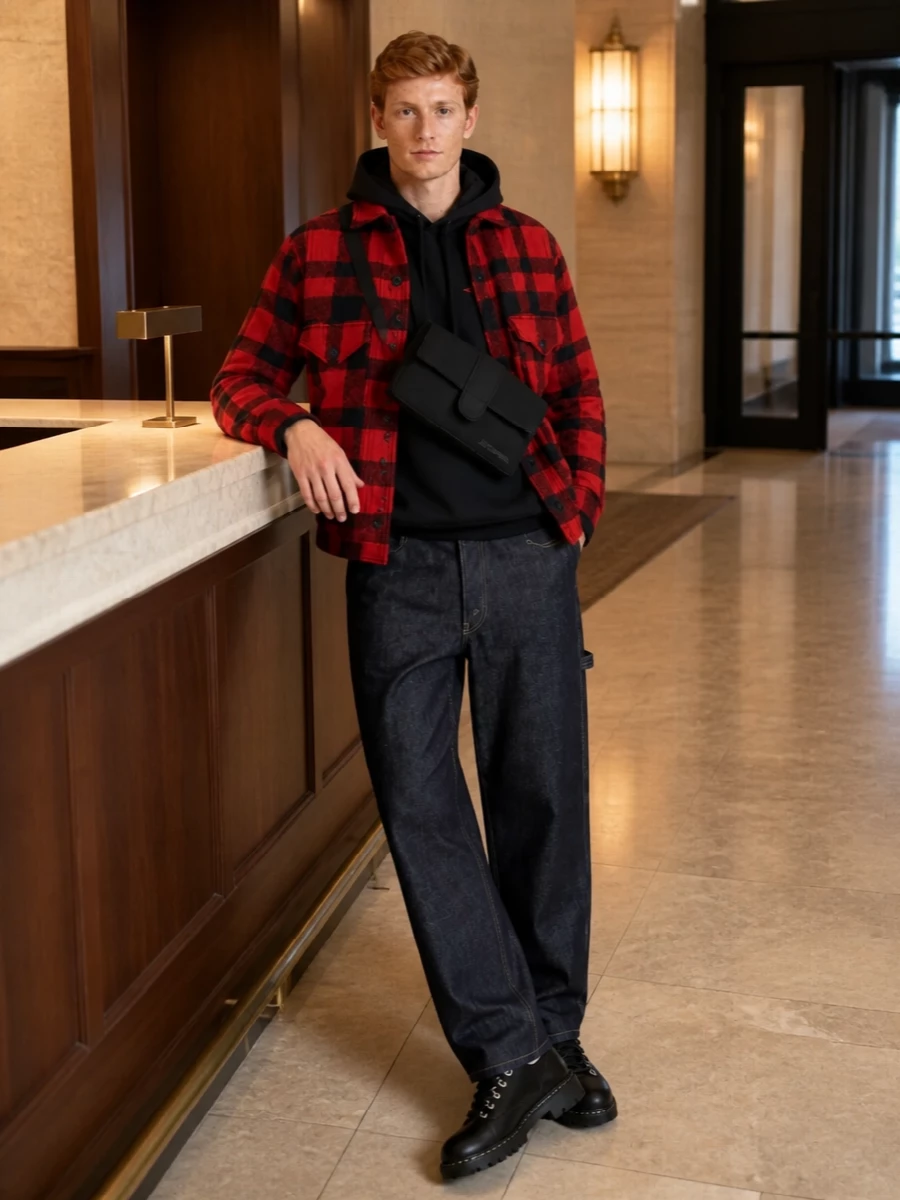 Junya buffalo check jacket carpenter jeans outfit