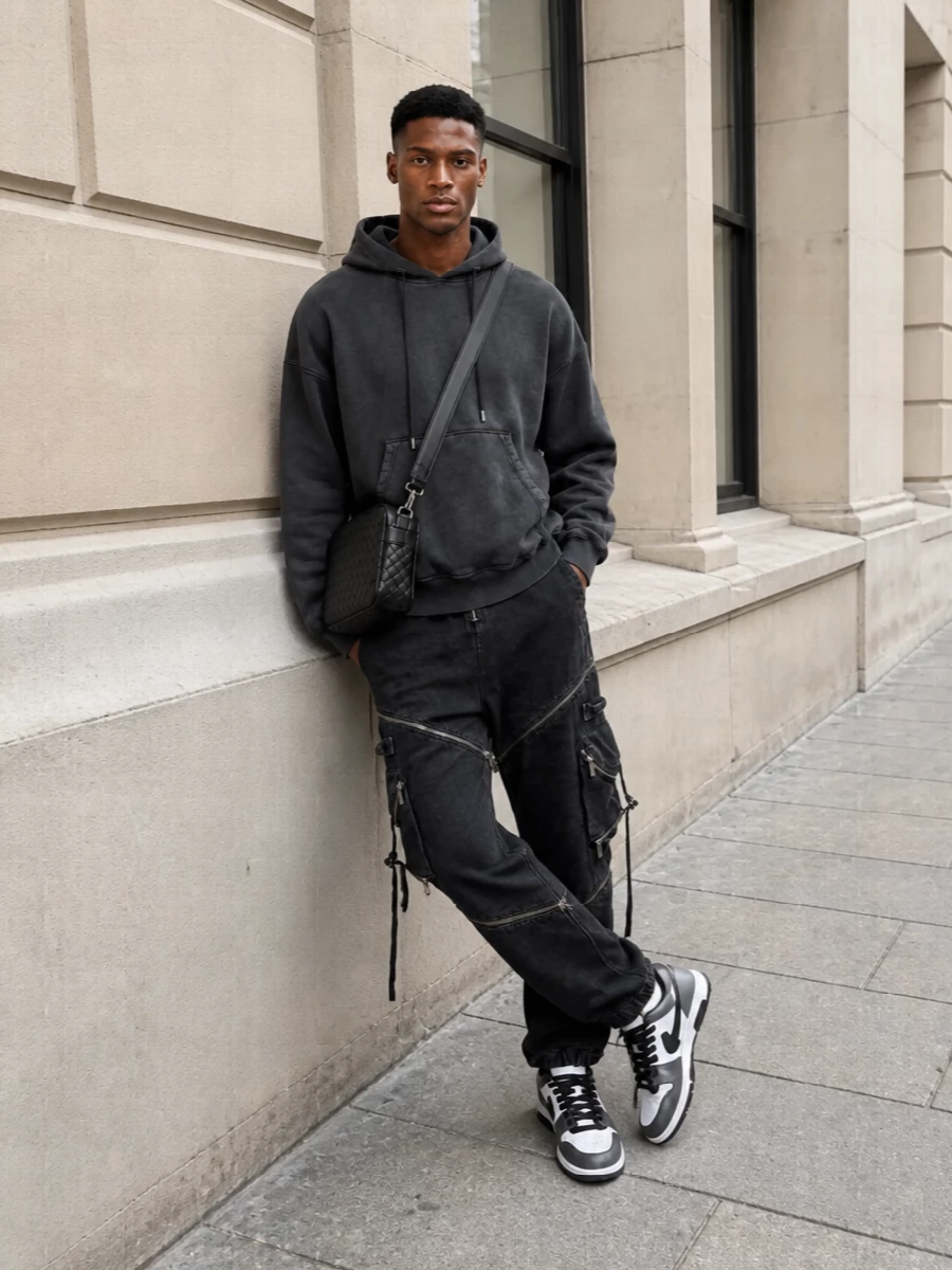 Off white oversized hoodie cargo pants streetwear