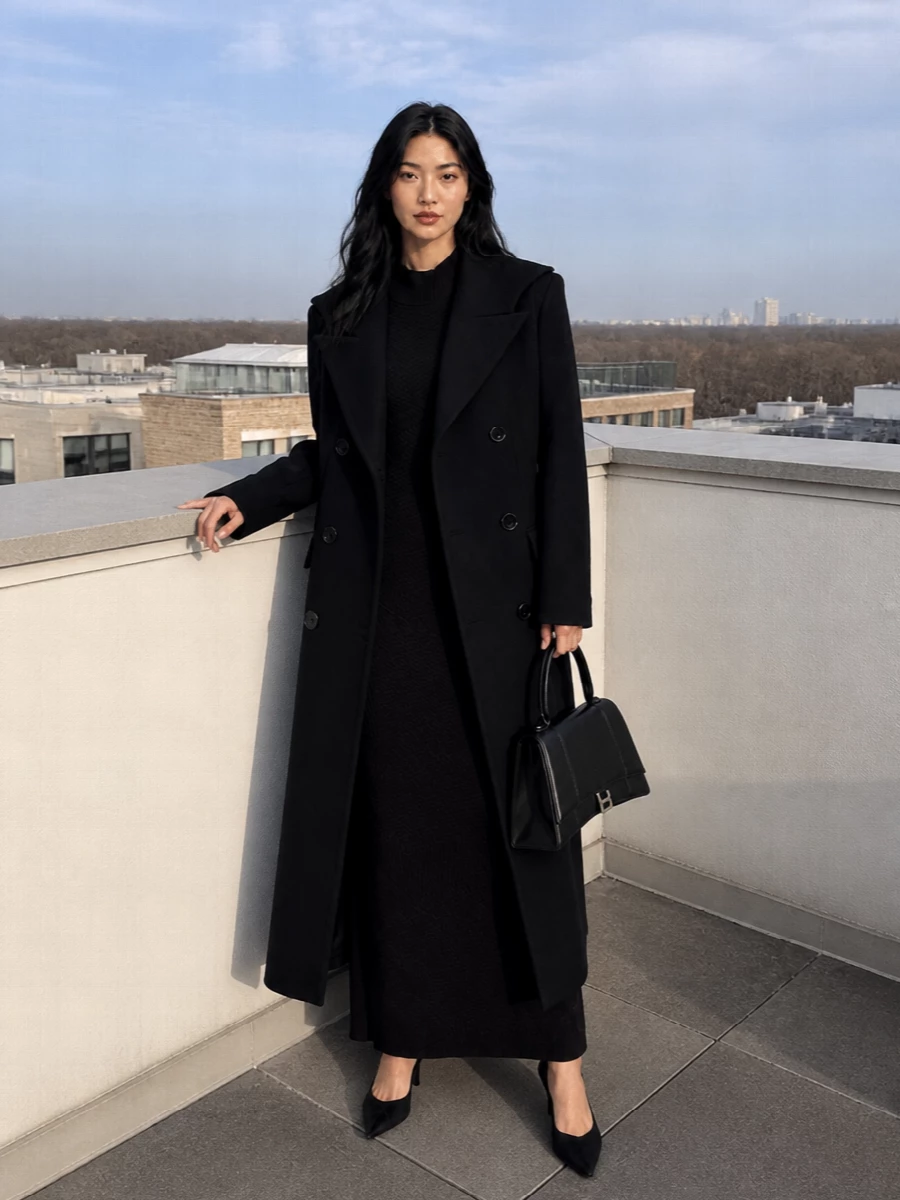 I’m building around the coat’s long, architectural line, so I skip suiting separates and go straight to a single, precise black knit column underneath. The ribbed maxi, clean pumps and sculptural top-handle bag create one continuous, quietly dramatic vertical silhouette, with just enough hardware to register as considered rather than decorative. It reads boardroom dinner or gallery opening in winter, all in deep black with subtle texture shifts instead of color contrast.