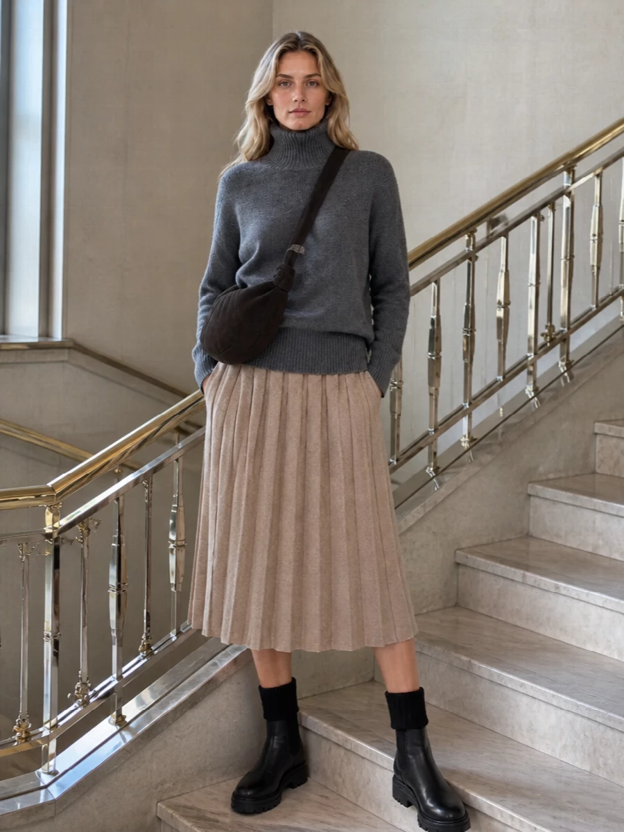 Lisa yang turtleneck pleated midi skirt outfit
