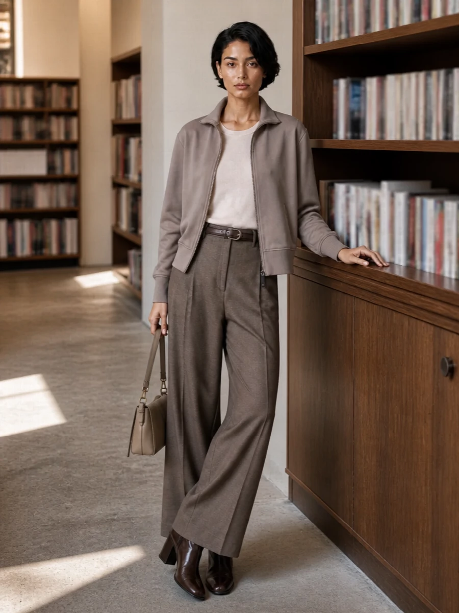 Max mara taupe jacket wide leg trousers outfit