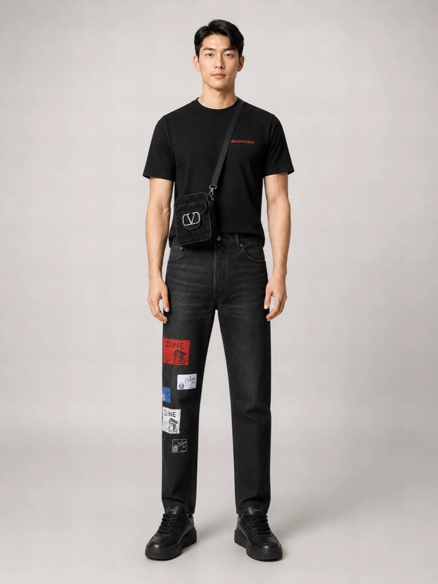 A black Balenciaga tee sits over washed black Celine denim, with the stacked patches giving just enough attitude to match the chest logo. Chunky black Valentino sneakers ground the line, while the compact crossbody brings a discreet hit of texture and hardware. It reads like high-end streetwear for night or city days, graphic but controlled in a tight black and red-driven palette.
